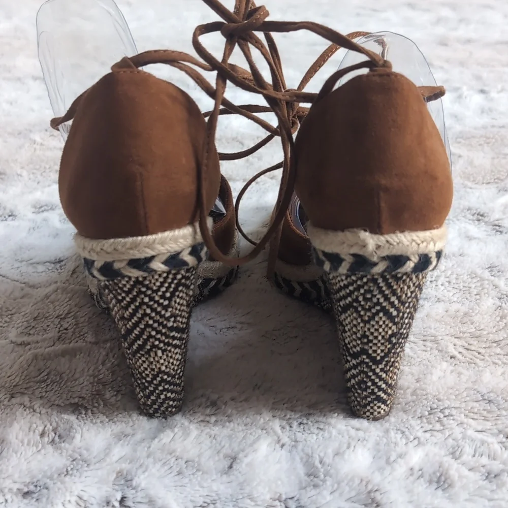 Sugar Faux Suede Shayla Espadrille Wedge Tie Brown Espadrille Sandals